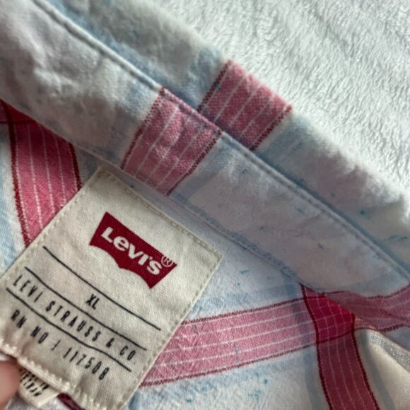 Levi's Mens White Plaid Short-Sleeve Button-Down Shirt XL Cotton Blend Casual - Picture 3 of 7